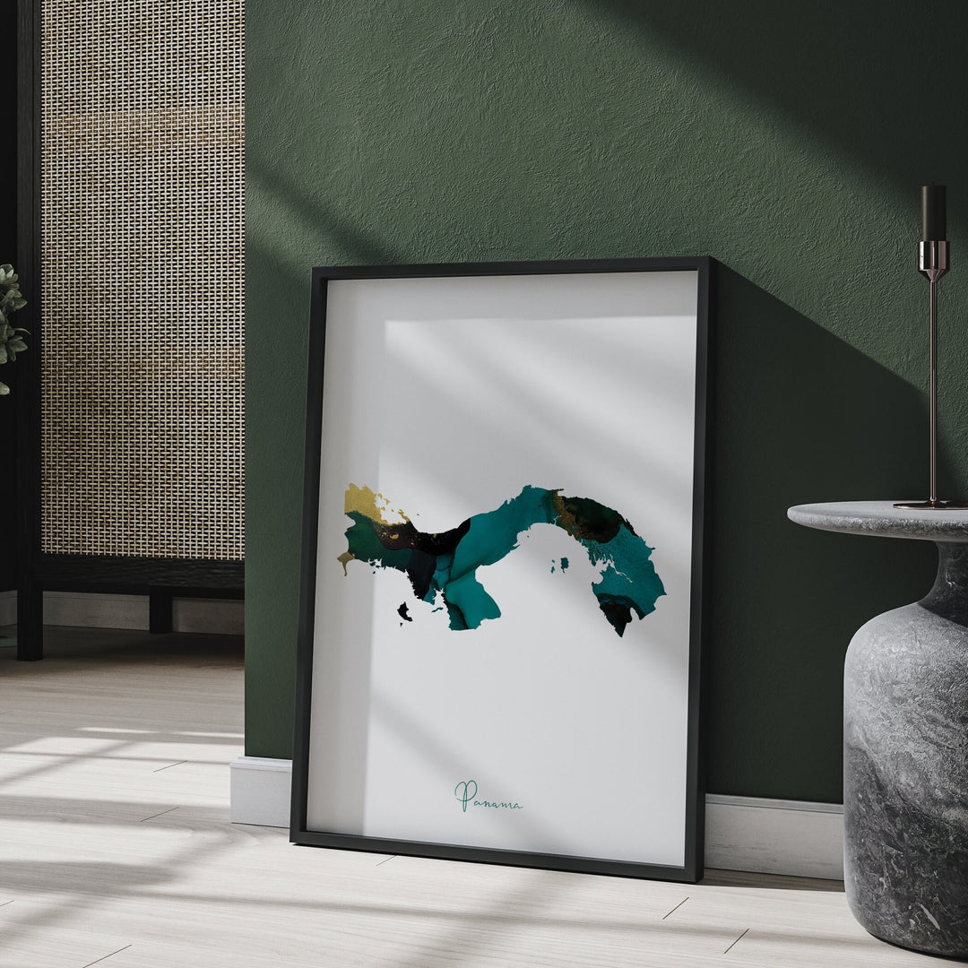 Panama Map Emerald Green and Gold Wall Art Print