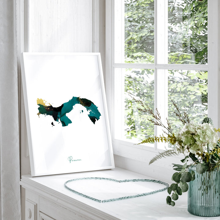 Panama Map Emerald Green and Gold Wall Art Print