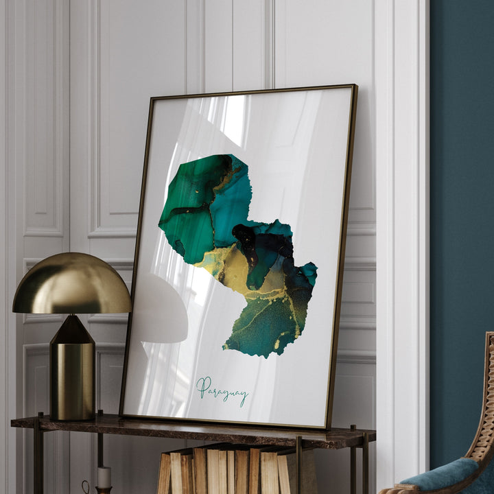 Paraguay Map Emerald Green and Gold Wall Art Print