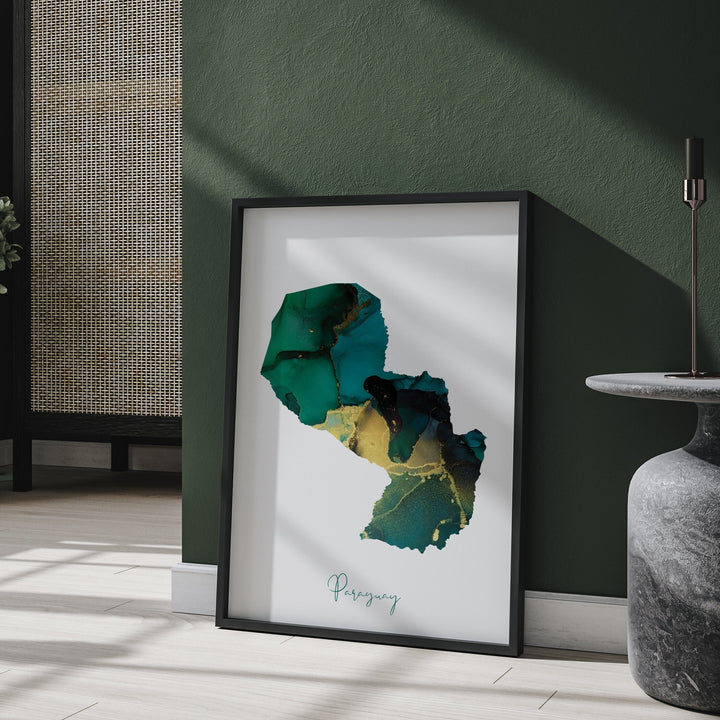 Paraguay Map Emerald Green and Gold Wall Art Print