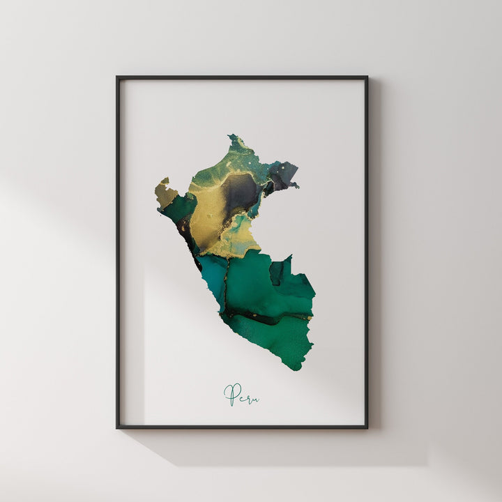 Peru Map Emerald Green and Gold Wall Art Print