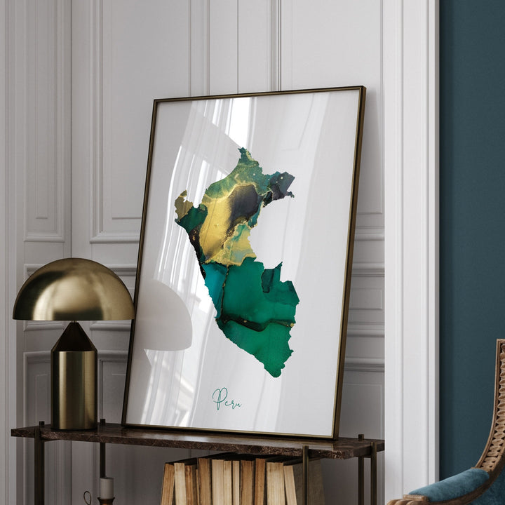 Peru Map Emerald Green and Gold Wall Art Print