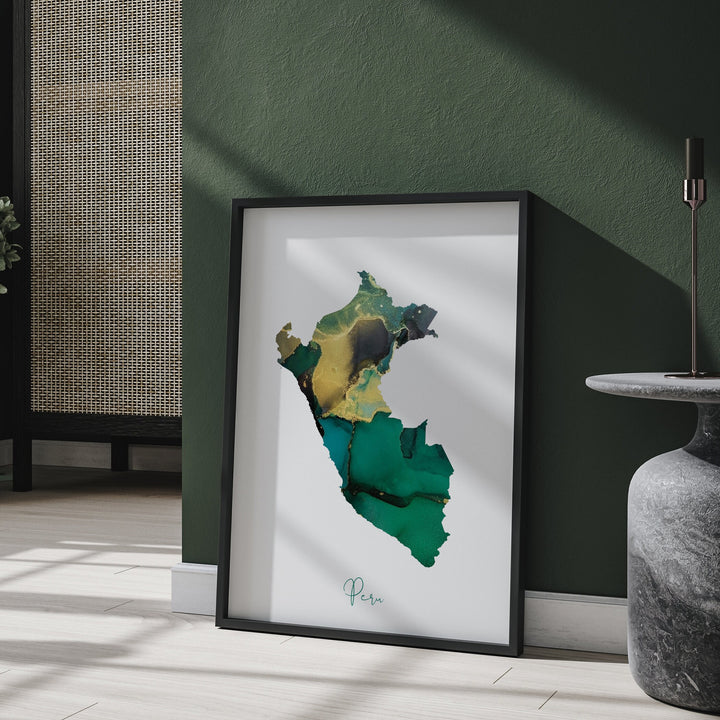 Peru Map Emerald Green and Gold Wall Art Print