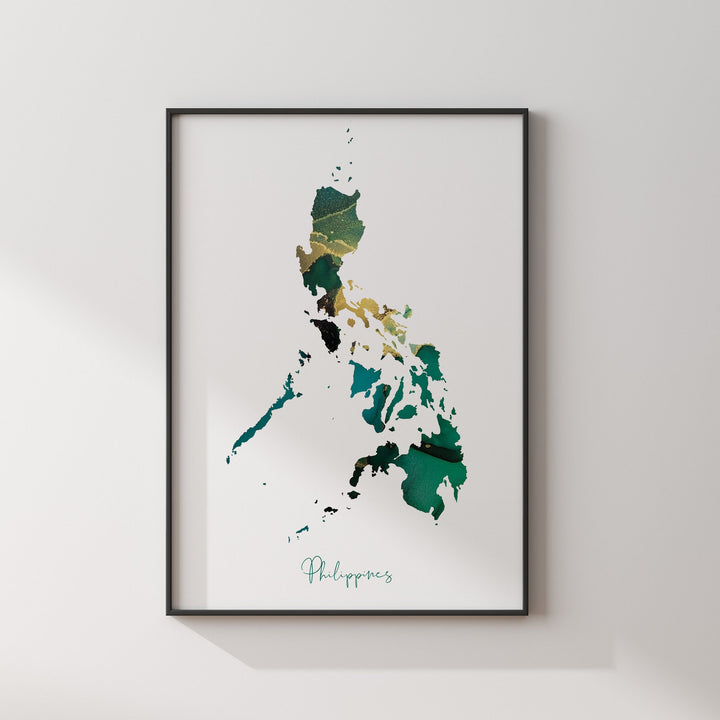 Philippines Map Emerald Green and Gold Wall Art Print