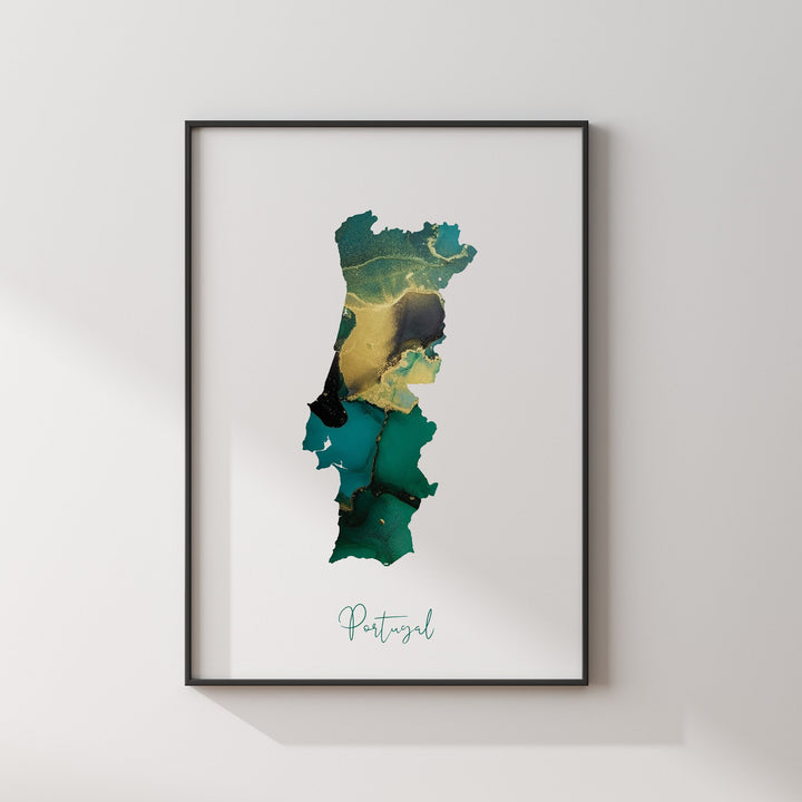 Portugal Map Emerald Green and Gold Wall Art Print