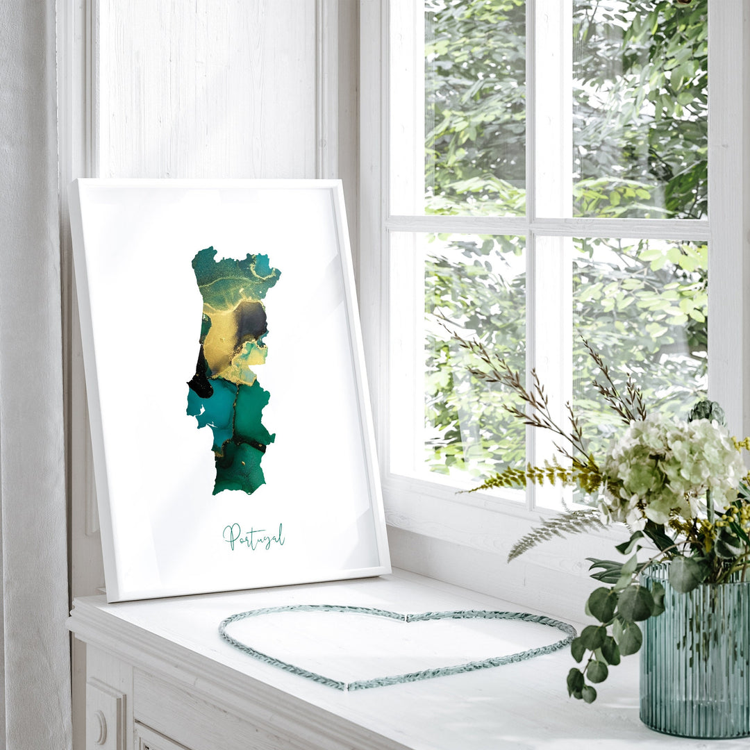 Portugal Map Emerald Green and Gold Wall Art Print