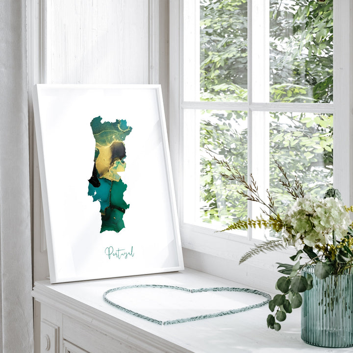 Portugal Map Emerald Green and Gold Wall Art Print