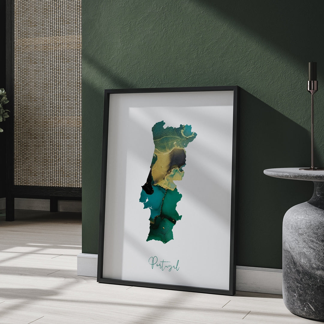 Portugal Map Emerald Green and Gold Wall Art Print