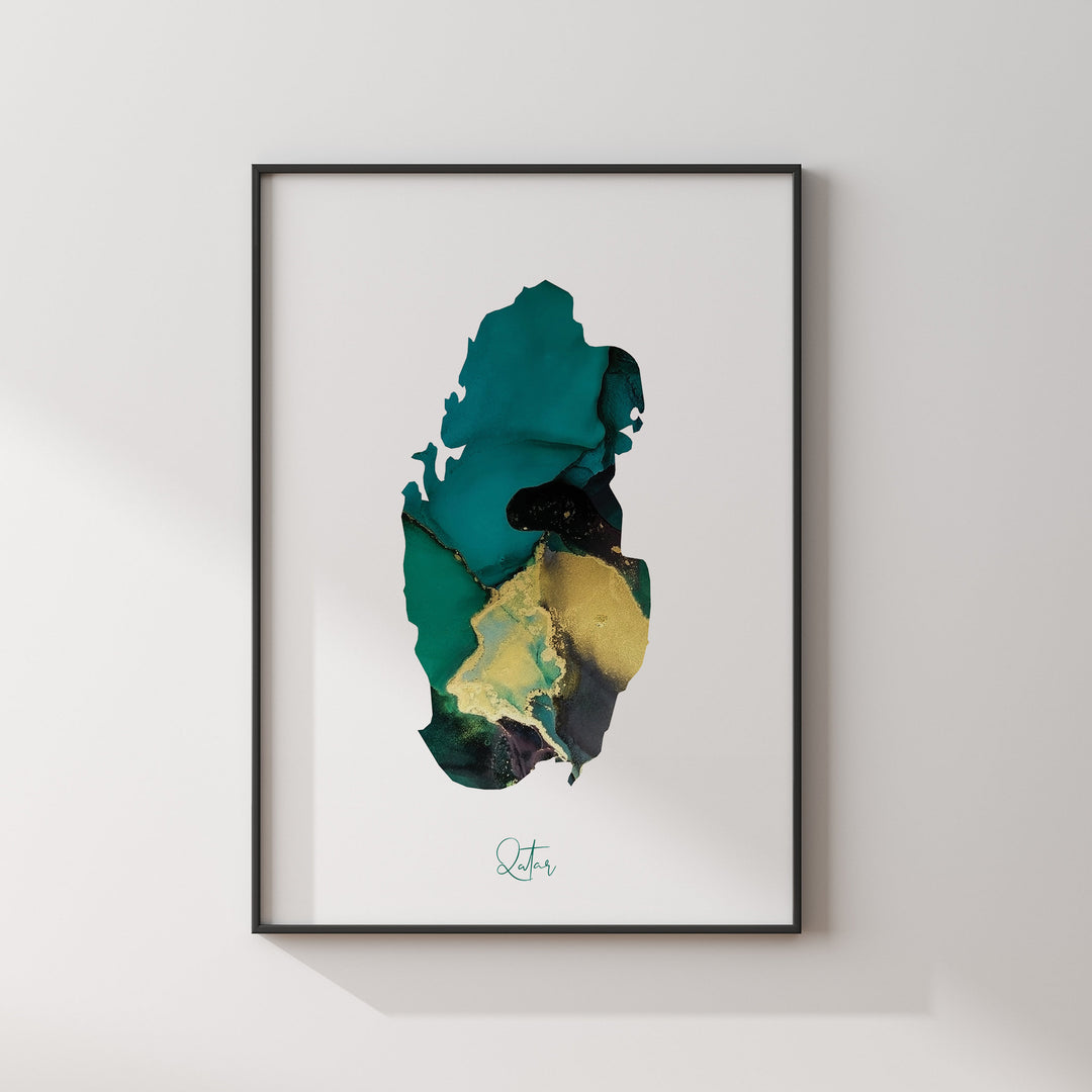 Qatar Map Emerald Green and Gold Wall Art Print