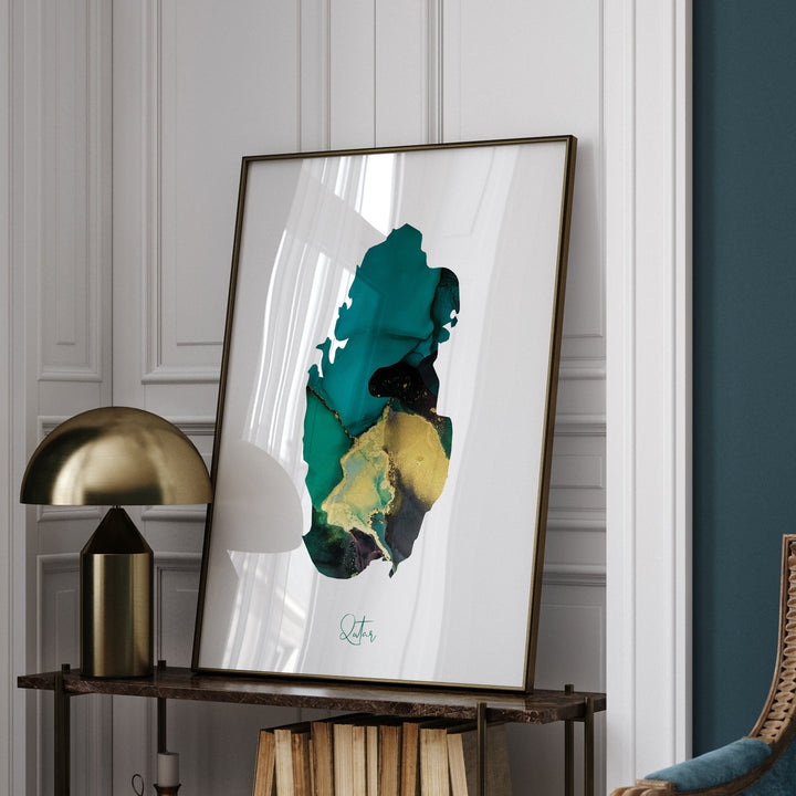 Qatar Map Emerald Green and Gold Wall Art Print