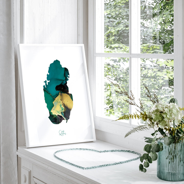 Qatar Map Emerald Green and Gold Wall Art Print