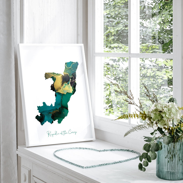 Republic of the Congo Map Emerald Green and Gold Wall Art Print