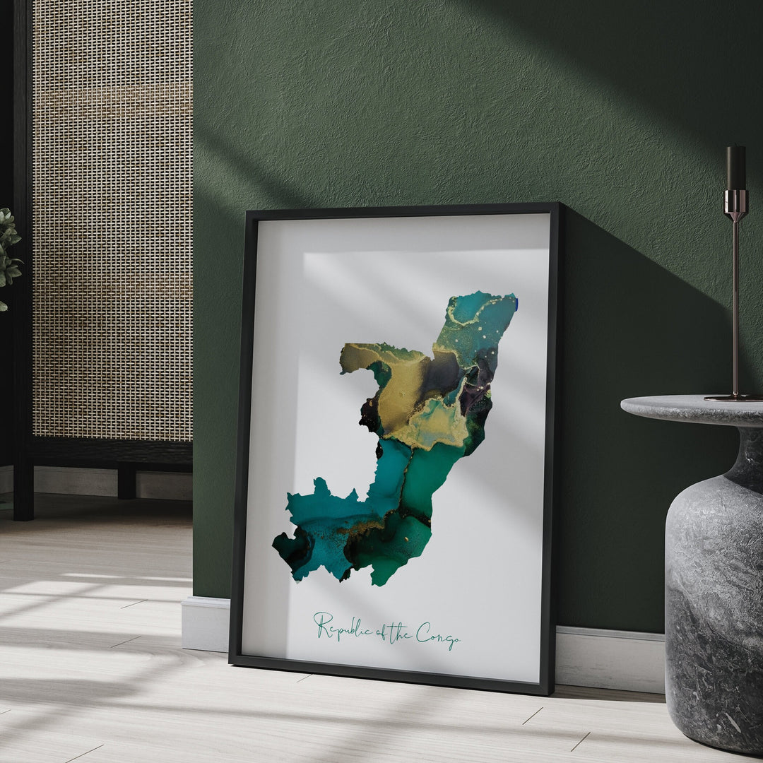 Republic of the Congo Map Emerald Green and Gold Wall Art Print