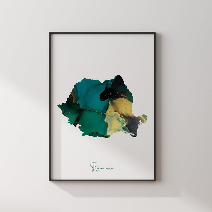 Romania Map Emerald Green and Gold Wall Art Print