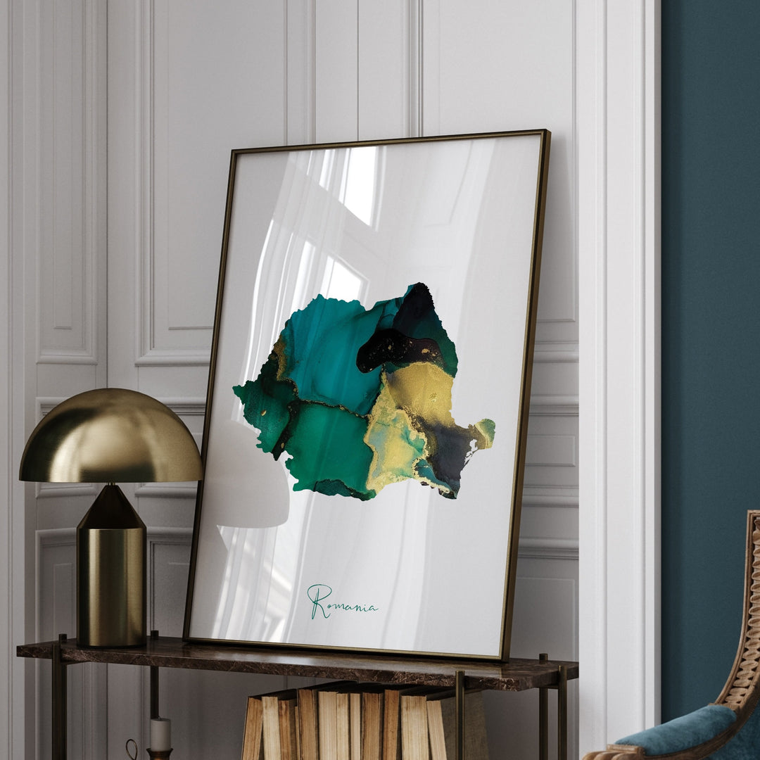 Romania Map Emerald Green and Gold Wall Art Print
