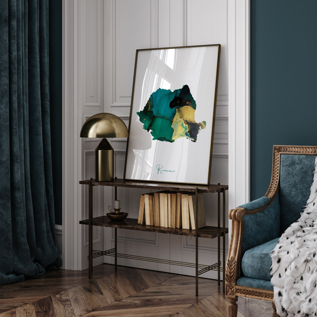 Romania Map Emerald Green and Gold Wall Art Print