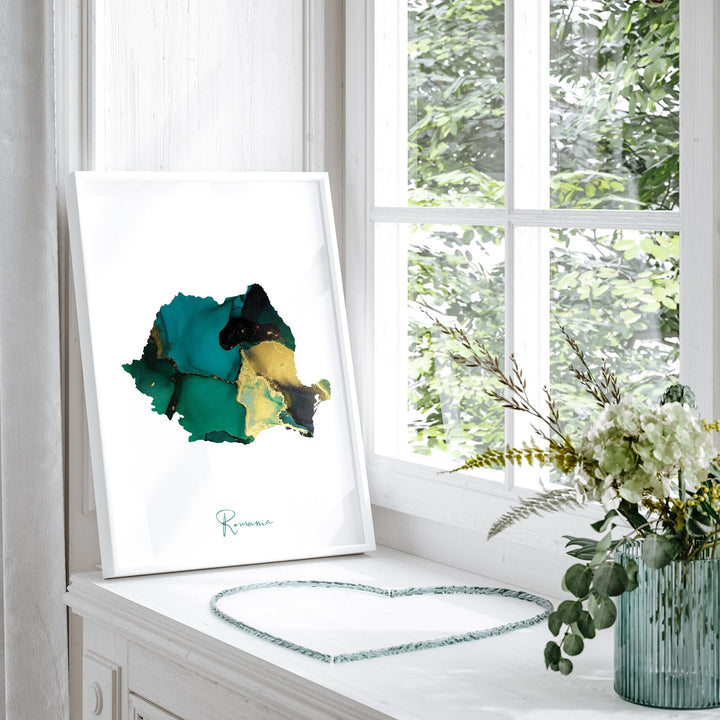 Romania Map Emerald Green and Gold Wall Art Print