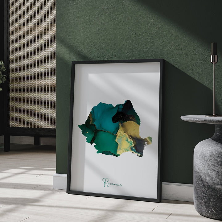 Romania Map Emerald Green and Gold Wall Art Print