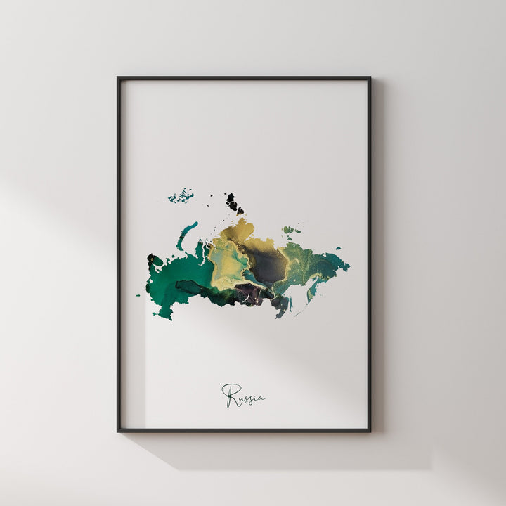 Russia Map Emerald Green and Gold Wall Art Print