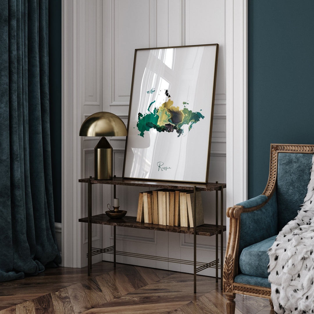 Russia Map Emerald Green and Gold Wall Art Print
