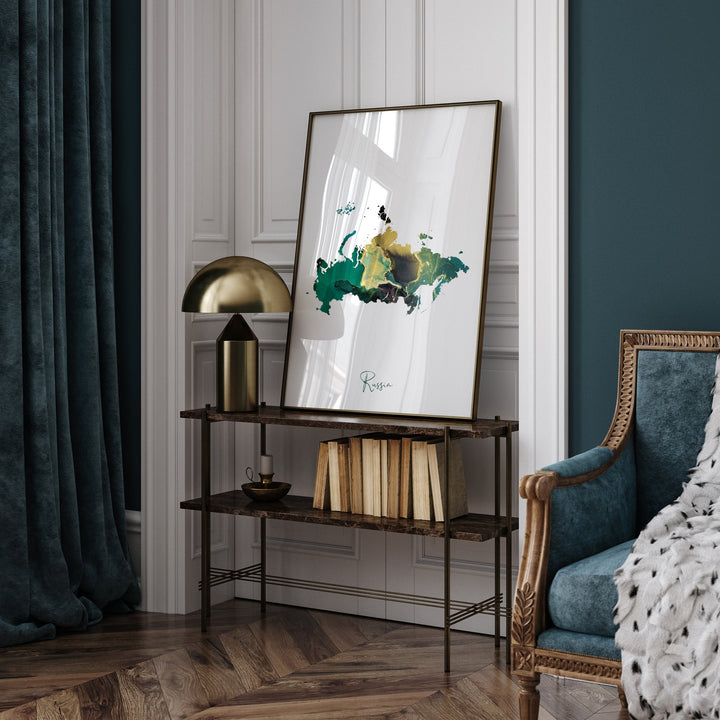 Russia Map Emerald Green and Gold Wall Art Print