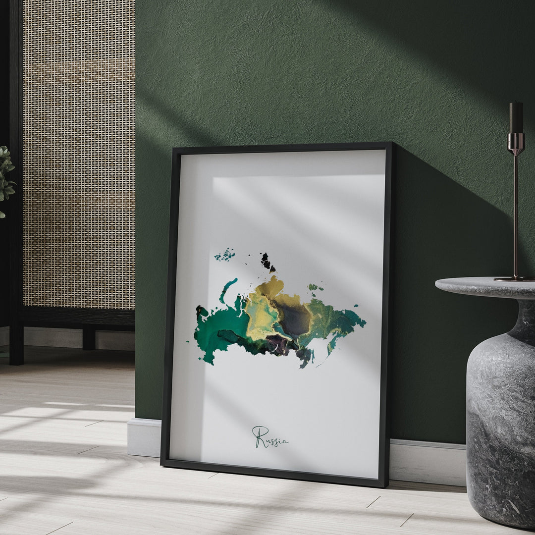 Russia Map Emerald Green and Gold Wall Art Print