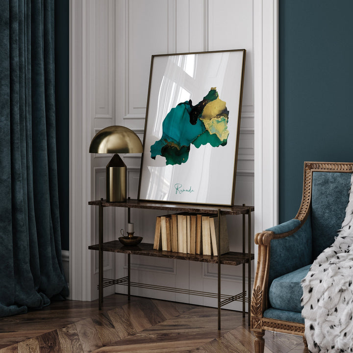 Rwanda Map Emerald Green and Gold Wall Art Print