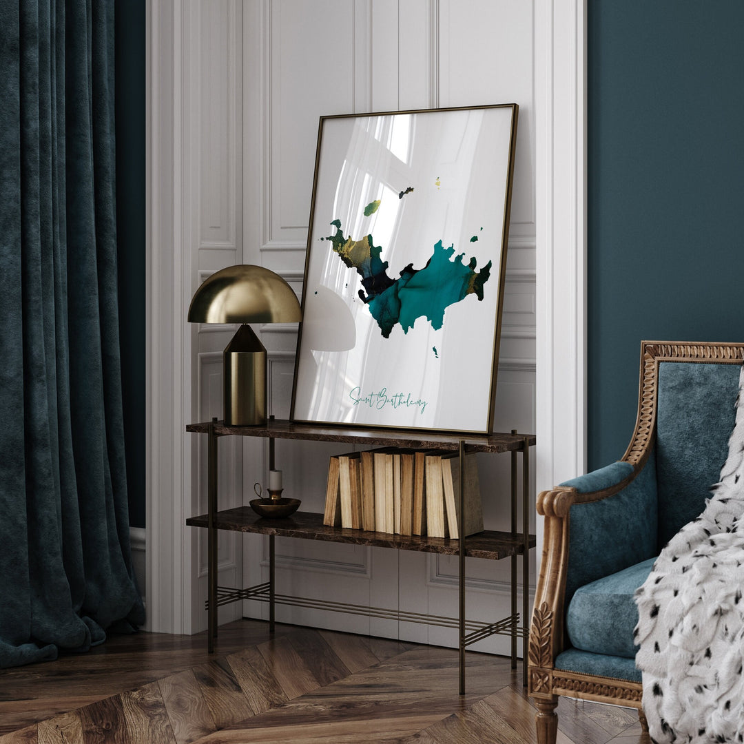 Saint Barthelemy Map Emerald Green and Gold Wall Art Print