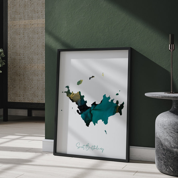 Saint Barthelemy Map Emerald Green and Gold Wall Art Print