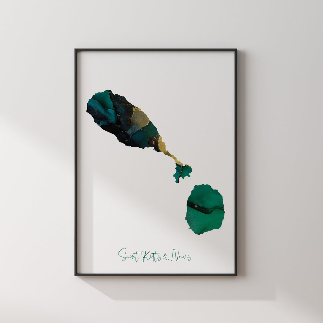 Saint Kitts & Nevis Map Emerald Green and Gold Wall Art Print