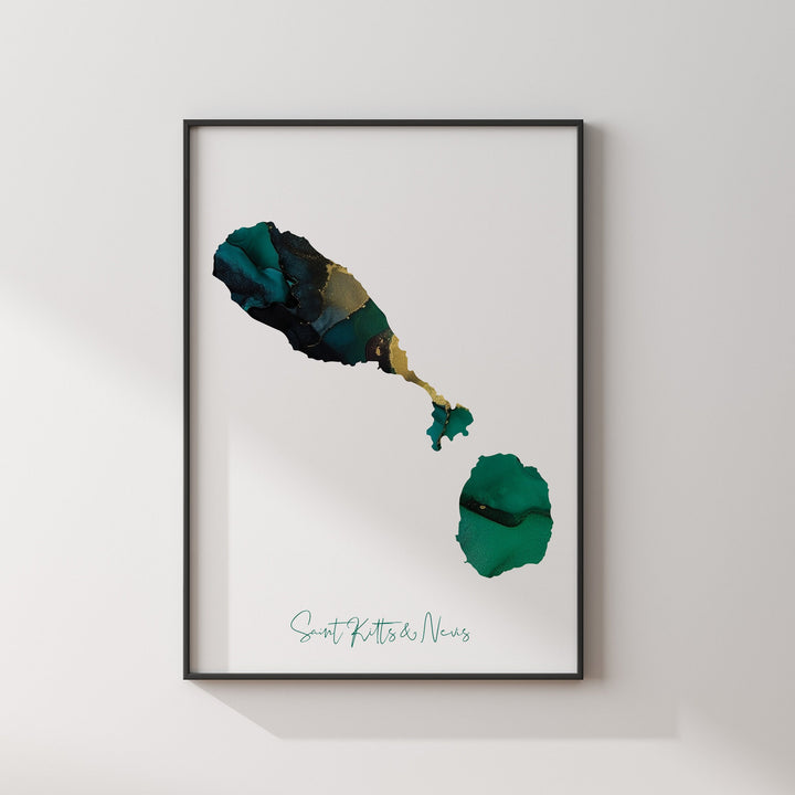 Saint Kitts & Nevis Map Emerald Green and Gold Wall Art Print