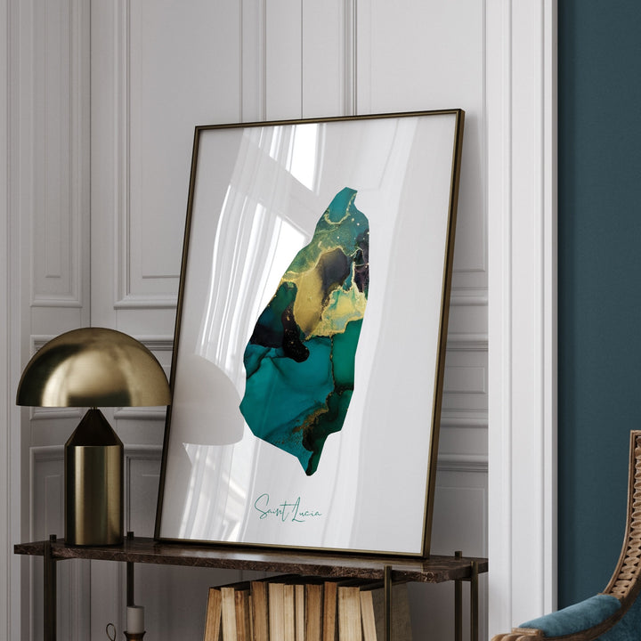 Saint Lucia Map Emerald Green and Gold Wall Art Print