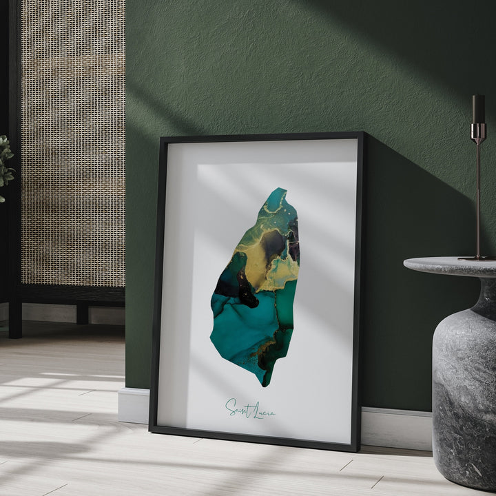 Saint Lucia Map Emerald Green and Gold Wall Art Print