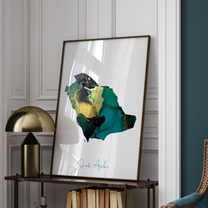Saudi Arabia Map Emerald Green and Gold Wall Art Print