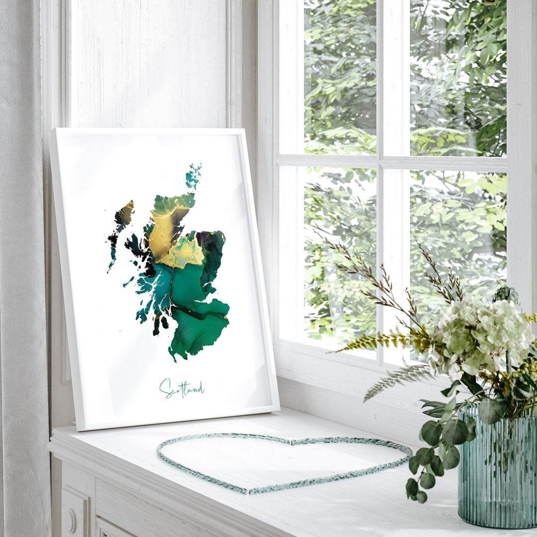 Scotland Map Emerald Green and Gold Wall Art Print