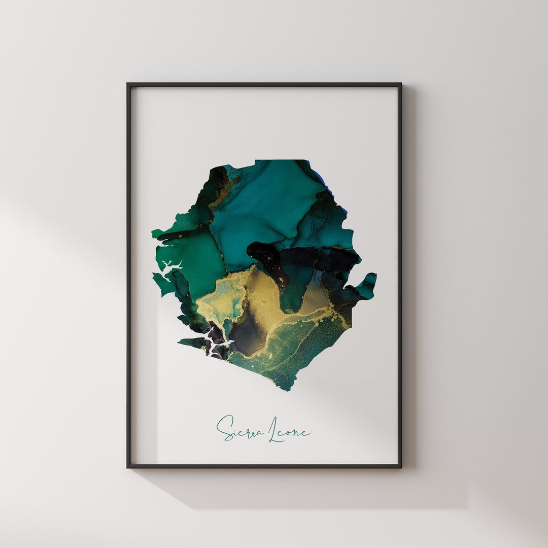 Sierra Leone Map Emerald Green and Gold Wall Art Print