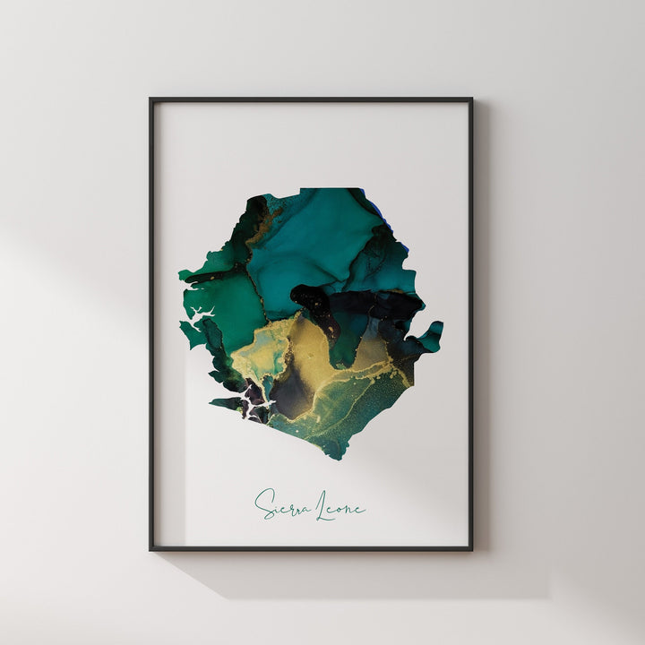 Sierra Leone Map Emerald Green and Gold Wall Art Print