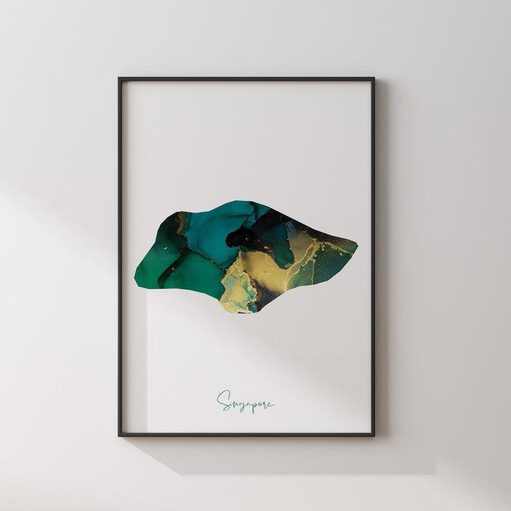 Singapore Map Emerald Green and Gold Wall Art Print