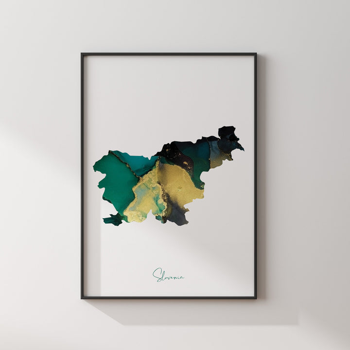 Slovenia Map Emerald Green and Gold Wall Art Print