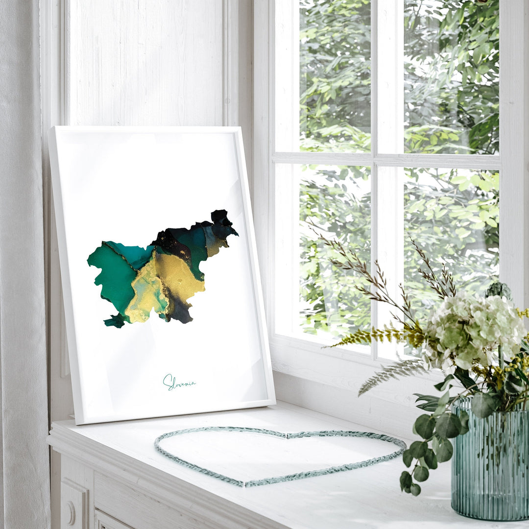 Slovenia Map Emerald Green and Gold Wall Art Print