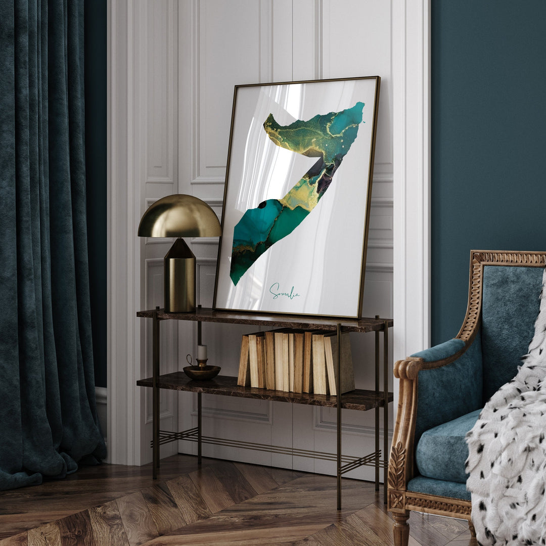 Somalia Map Emerald Green and Gold Wall Art Print