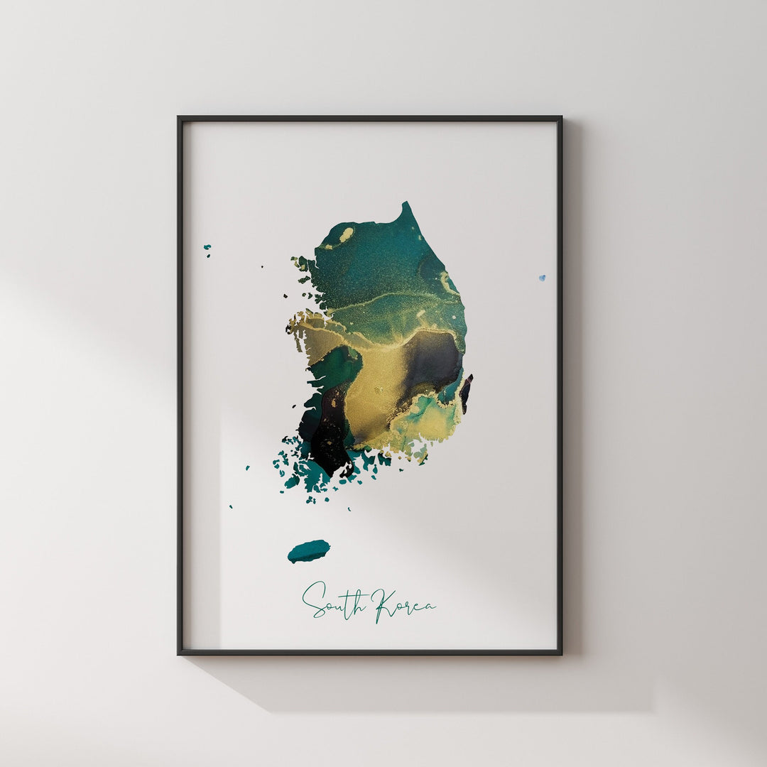 South Korea Map Emerald Green and Gold Wall Art Print
