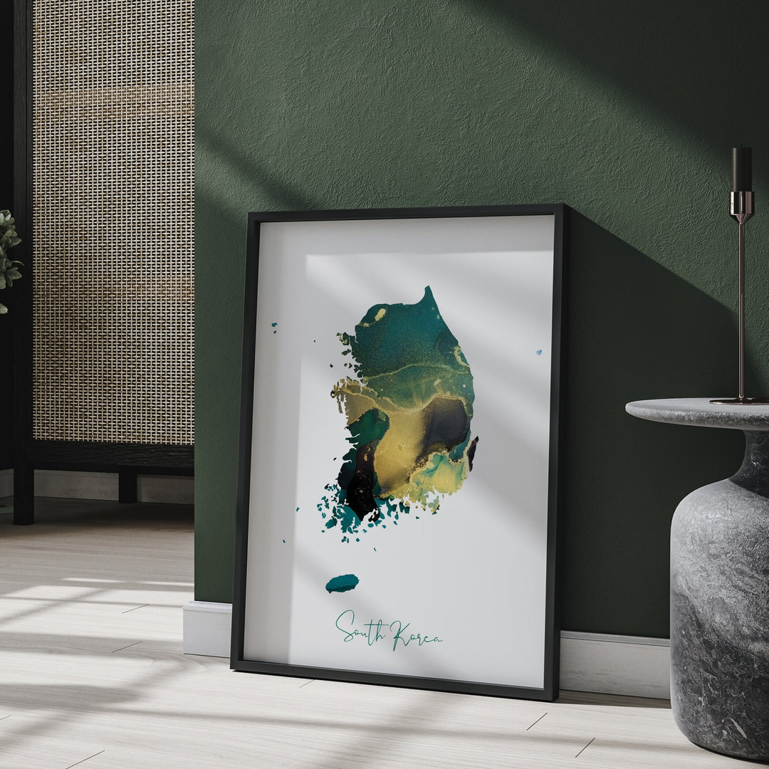 South Korea Map Emerald Green and Gold Wall Art Print