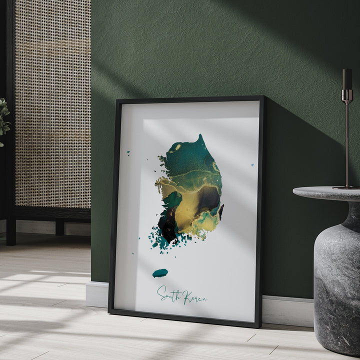South Korea Map Emerald Green and Gold Wall Art Print