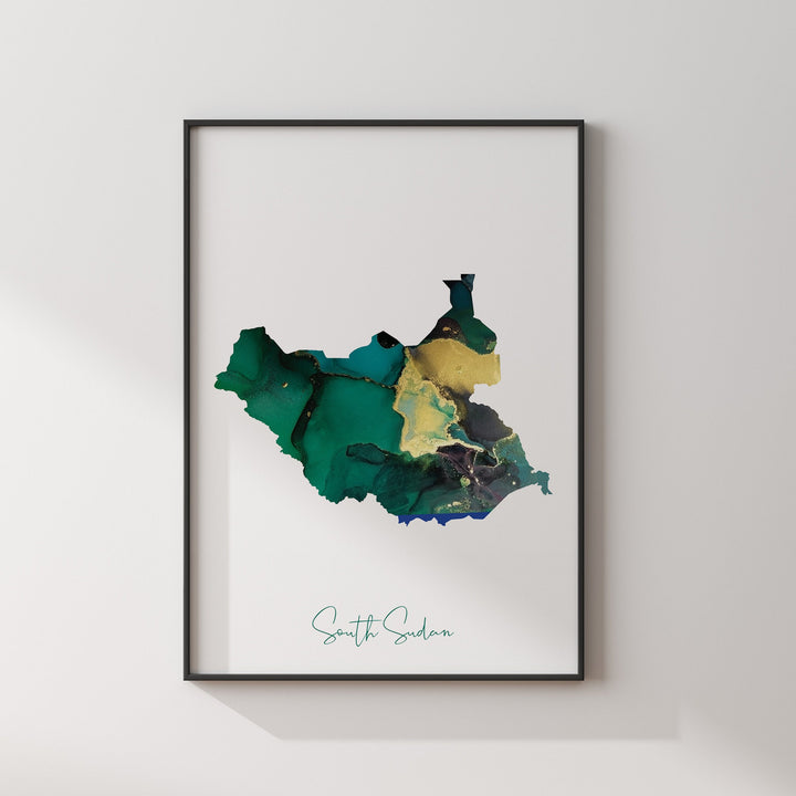 South Sudan Map Emerald Green and Gold Wall Art Print