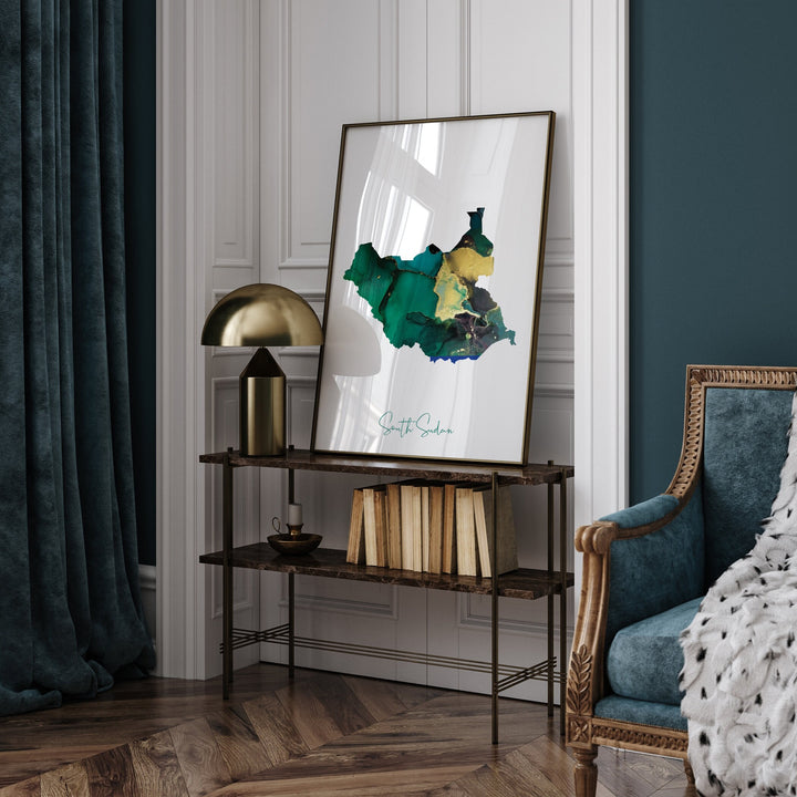 South Sudan Map Emerald Green and Gold Wall Art Print