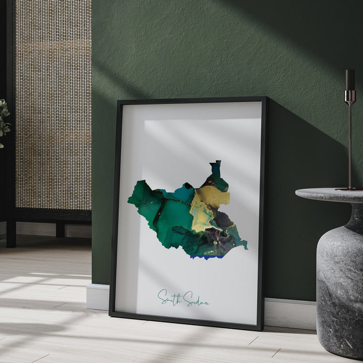South Sudan Map Emerald Green and Gold Wall Art Print