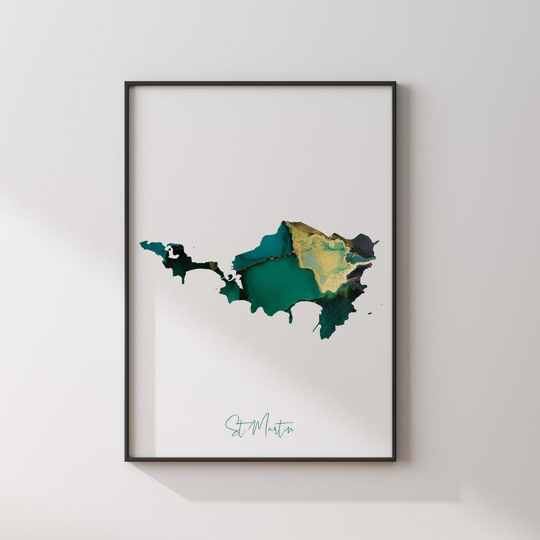 St Martin Map Emerald Green and Gold Wall Art Print