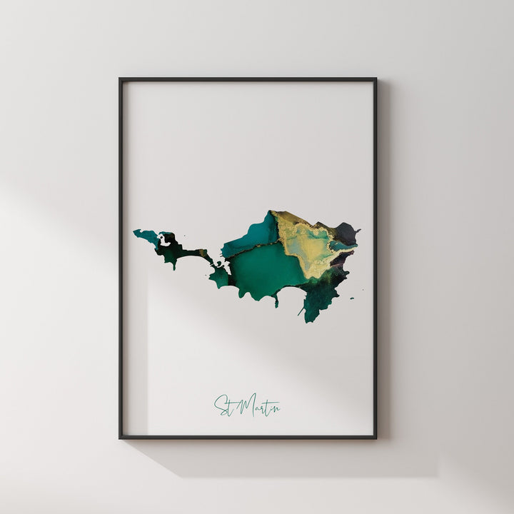 St Martin Map Emerald Green and Gold Wall Art Print