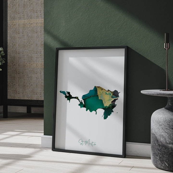 St Martin Map Emerald Green and Gold Wall Art Print